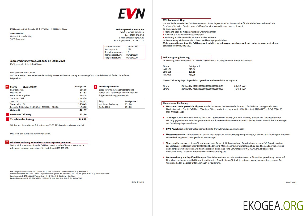 Austria EVN electricity utility bill 5 pages 1 2